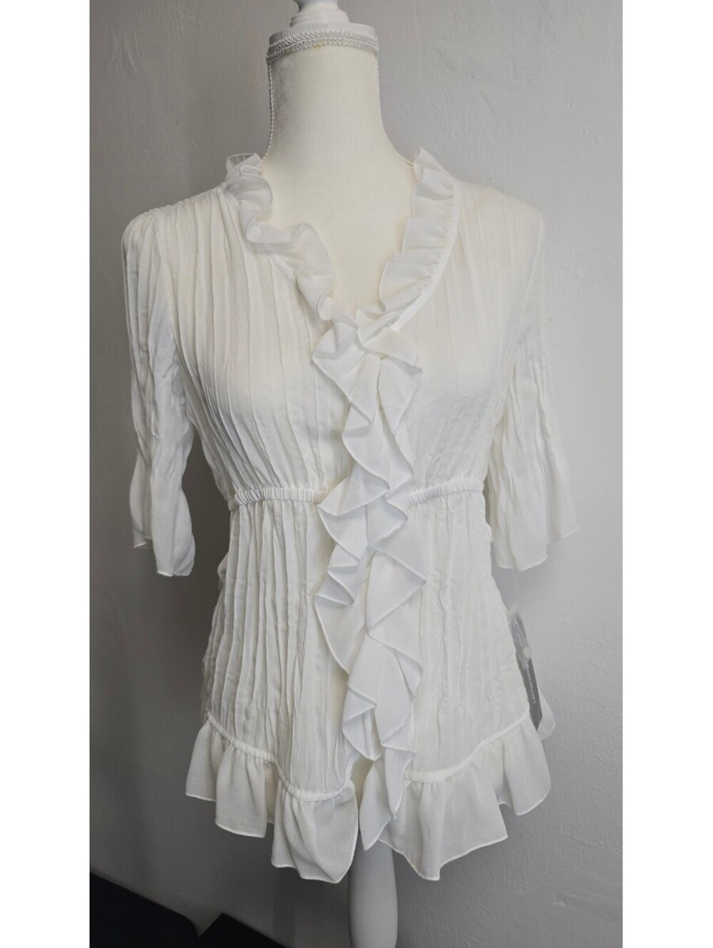 NY Collection White Ruffle Pleated Blouse Women’s Top
